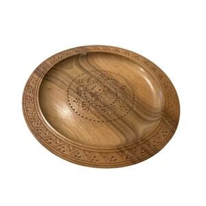 Vintage Bohemian Hand Carved‎ Wooden Plate 7" - Marked/signed olive tree?
